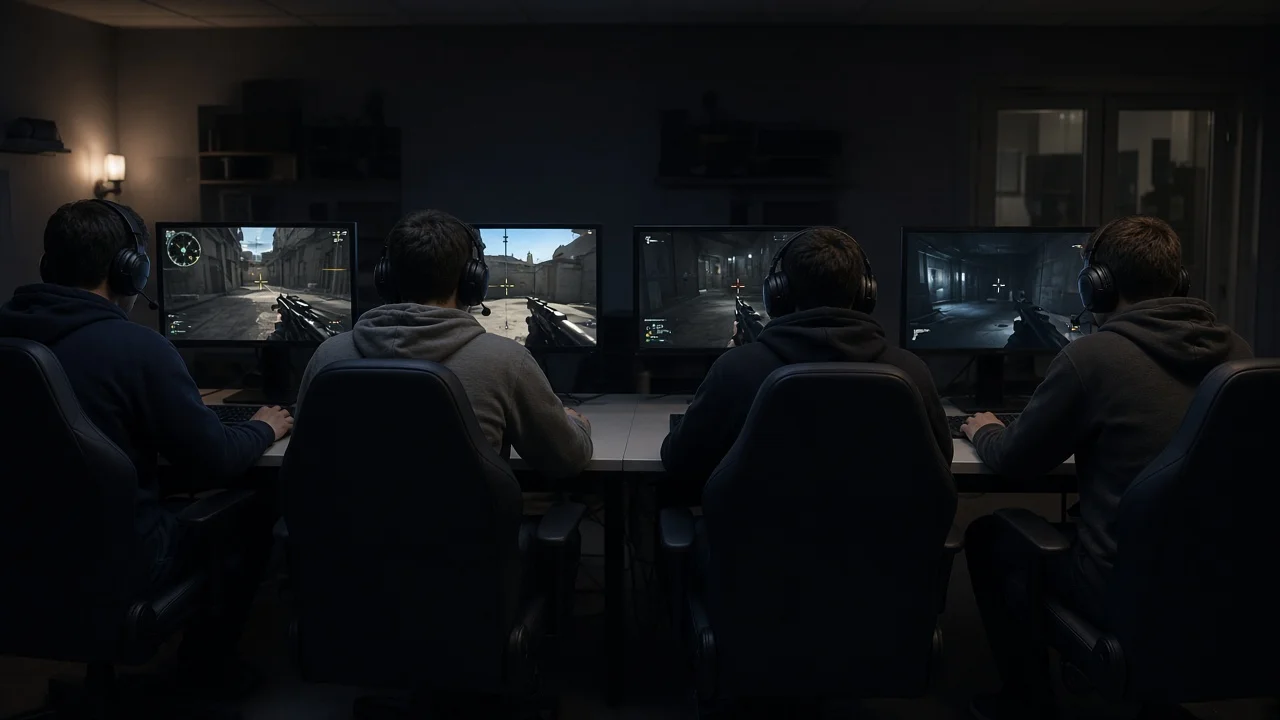 Gruppo di amici durante una sessione di gaming in computer club